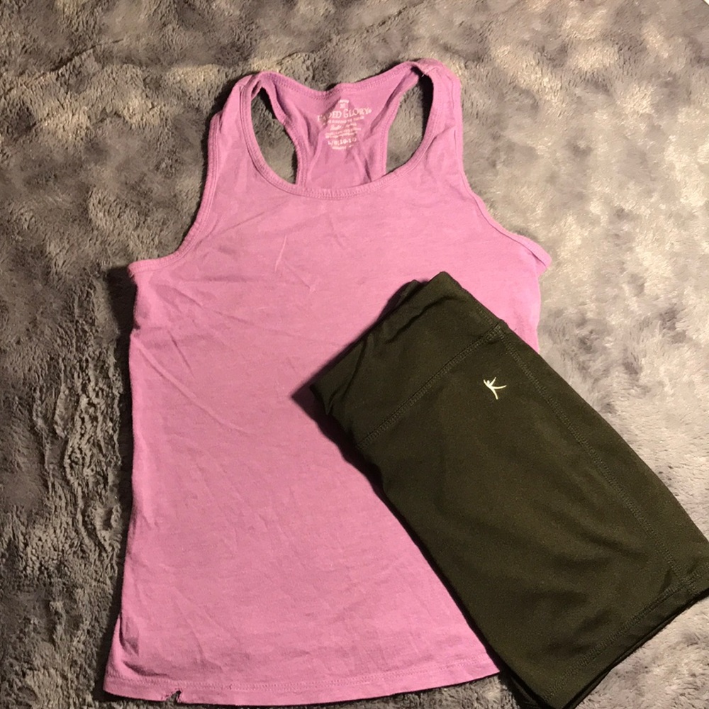 YL faded glory purple tank and YM danskin spandex